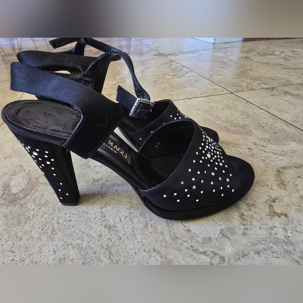 Bruno Magli Vintage 1990s Black Satin Rhinestone Heels